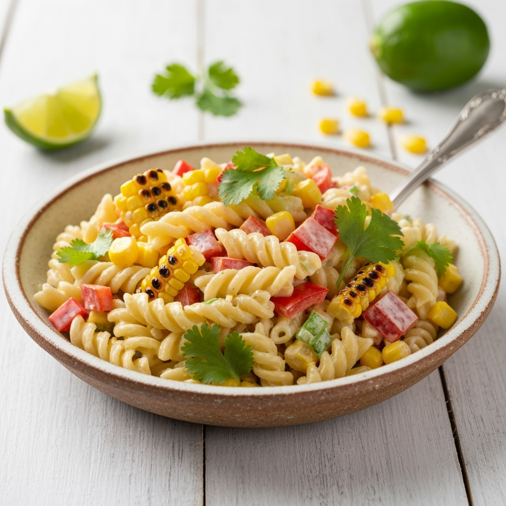 Healthy street corn pasta salad in a rustic bowl.