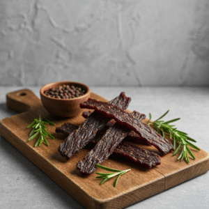 Homemade low sodium beef jerky on a rustic cutting board.