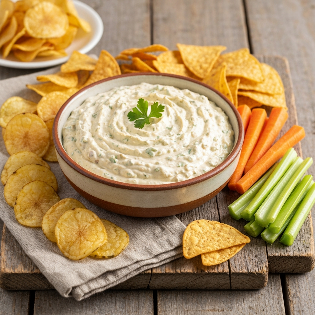 Creamy boat dip with green chiles surrounded by chips and vegetables.