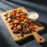 Roasted veggie and chicken sausage sheet pan dinner with aioli.