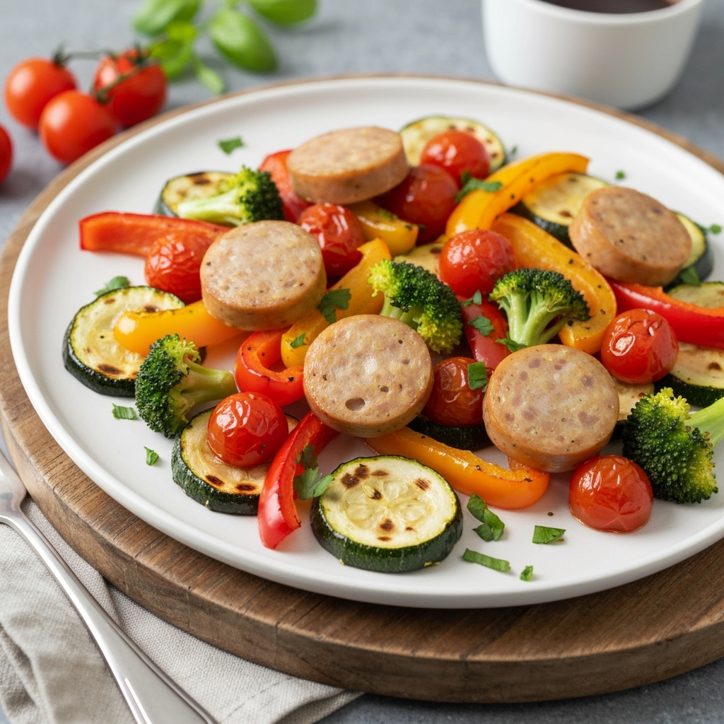 Roasted veggie and chicken sausage sheet pan dinner recipe.
