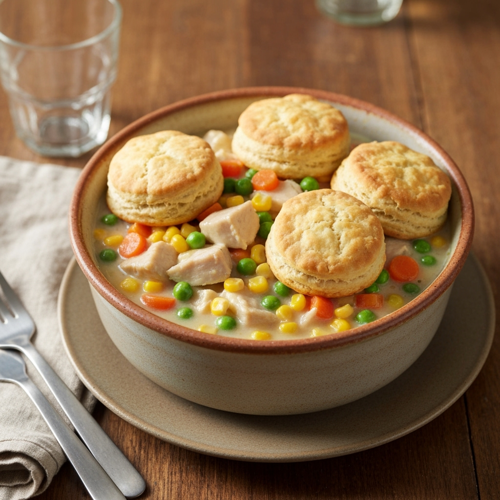 Slow cooker chicken pot pie with flaky biscuits and creamy filling