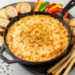 Golden bubbly baked garlic bread dip in a rustic cast iron skillet.