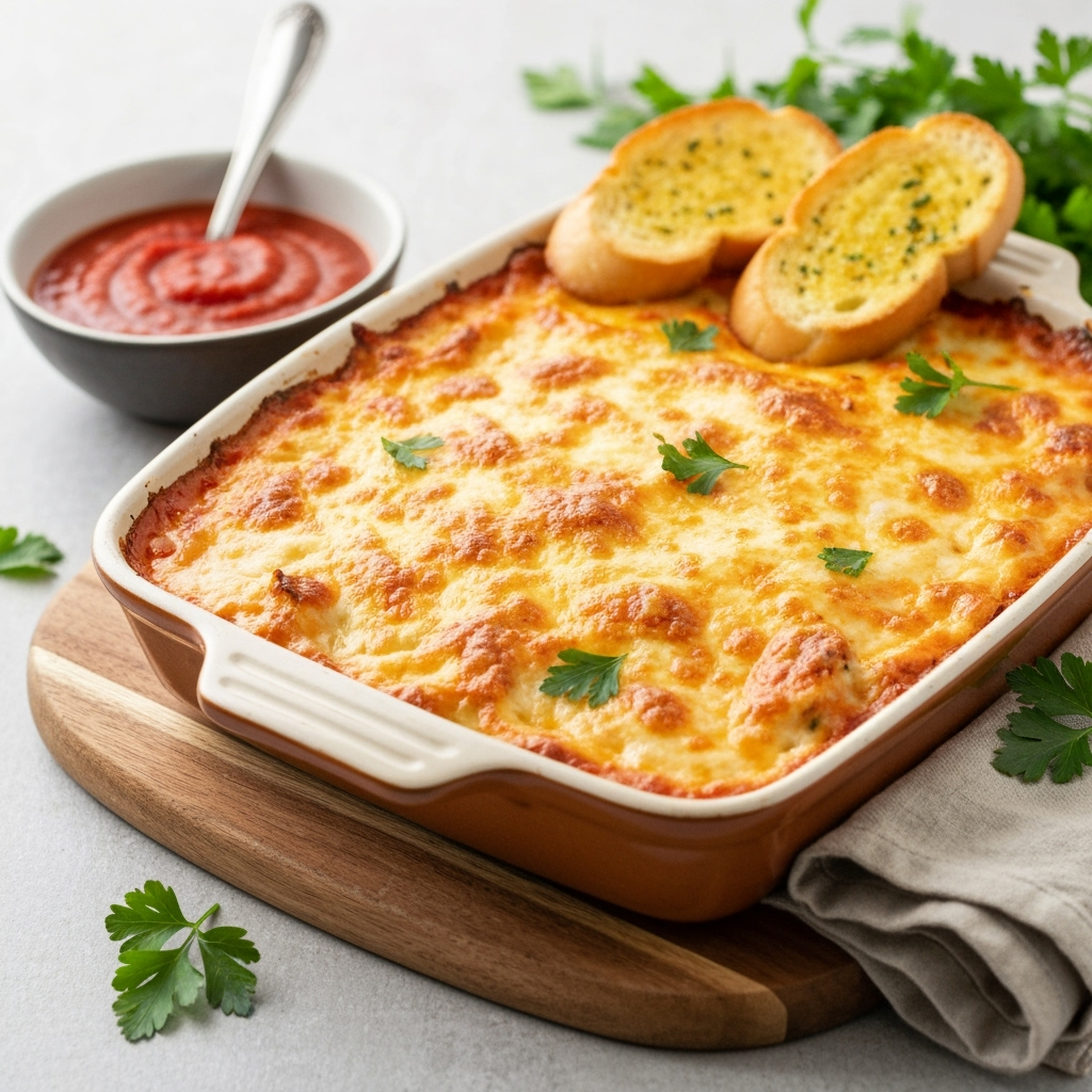 Creamy baked garlic bread dip with golden cheese and marinara sauce.