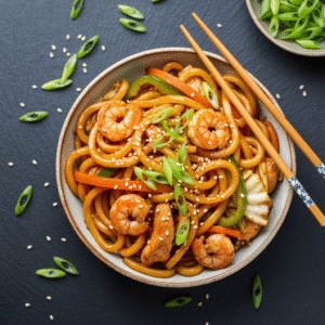 Vibrant Japanese yaki udon stir fry with shrimp and chicken.