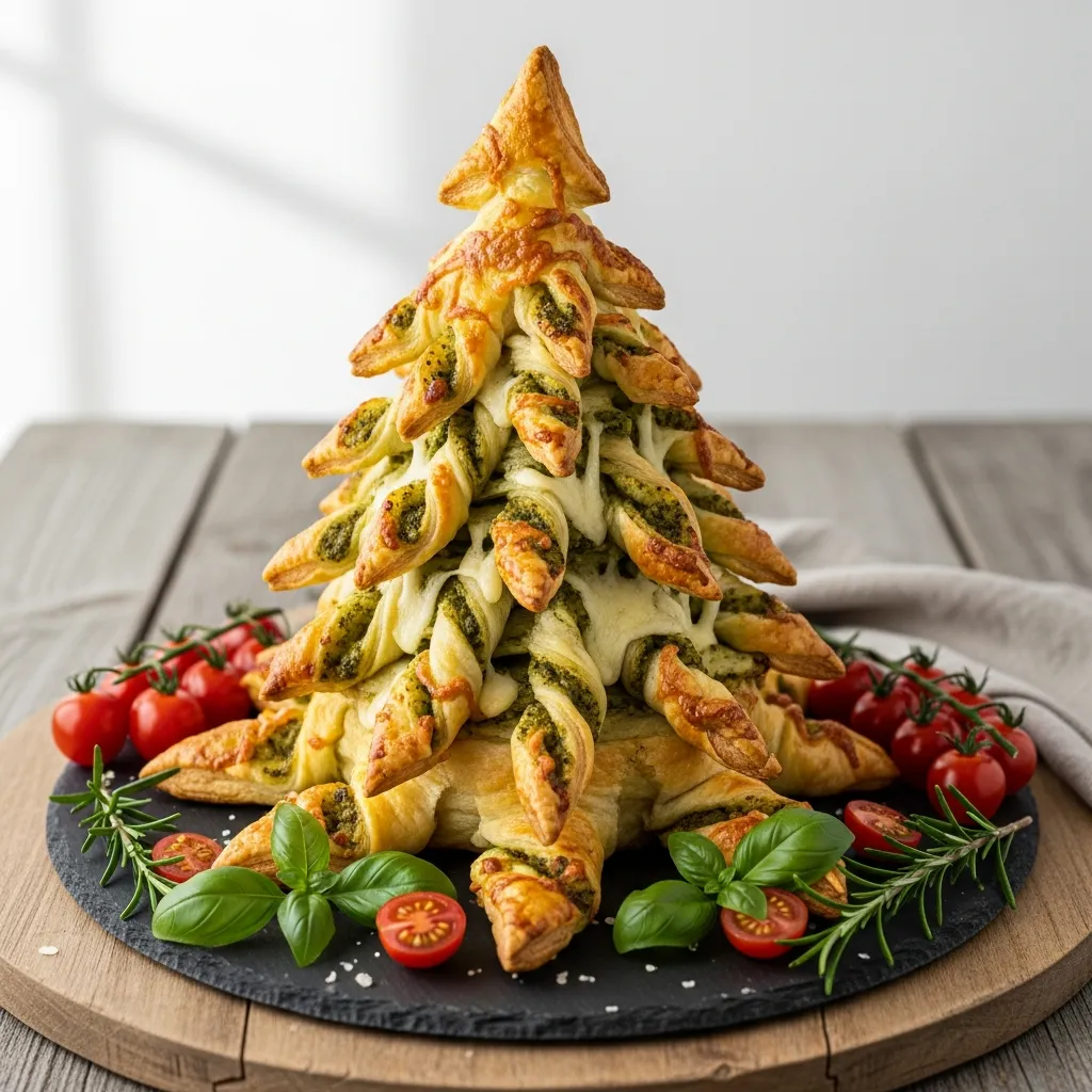 Golden basil pesto and cheese puff pastry Christmas tree recipe.