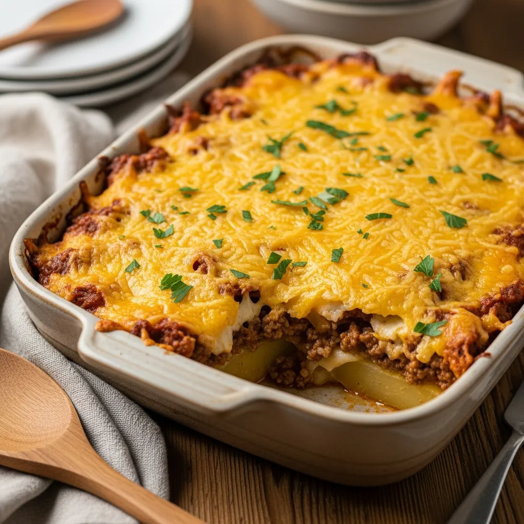 Cheesy ground beef and potato casserole in a rustic baking dish.