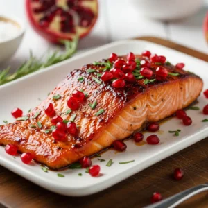 Christmas salmon recipe with vibrant pomegranate sauce and fresh herb garnish