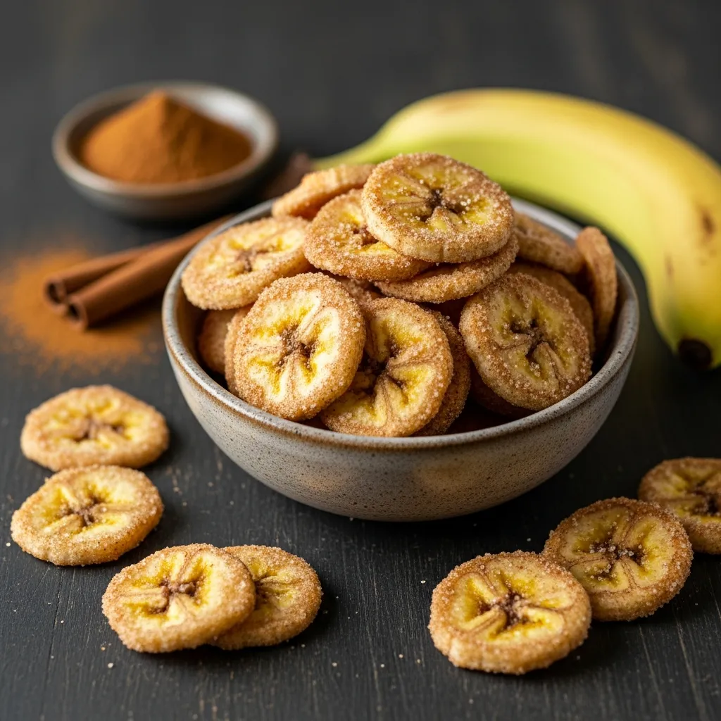 Crispy cinnamon sugar banana chips in a rustic ceramic bowl.