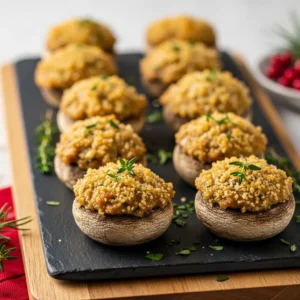 Golden brown Christmas stuffed mushrooms with cheesy panko and fresh herb garnish.