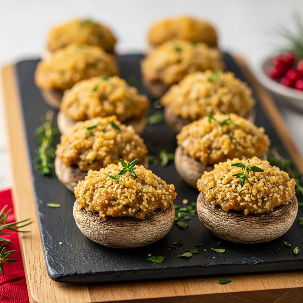 Golden brown Christmas stuffed mushrooms with cheesy panko and fresh herb garnish.