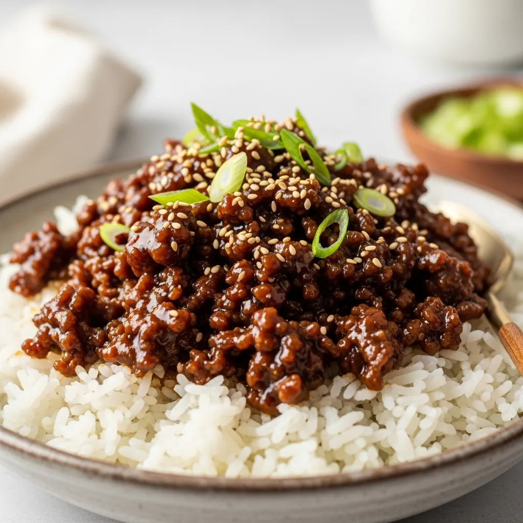 Quick and easy Korean ground beef bowl with rice and green onions.