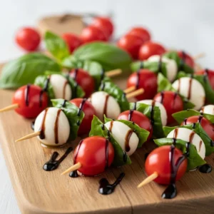 Mini Caprese Bites on a rustic board with tomato, mozzarella, and basil.