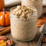 Creamy pumpkin pie overnight oats with chia seeds in a glass jar.