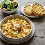 Creamy tortellini carbonara with bacon and Parmesan cheese.