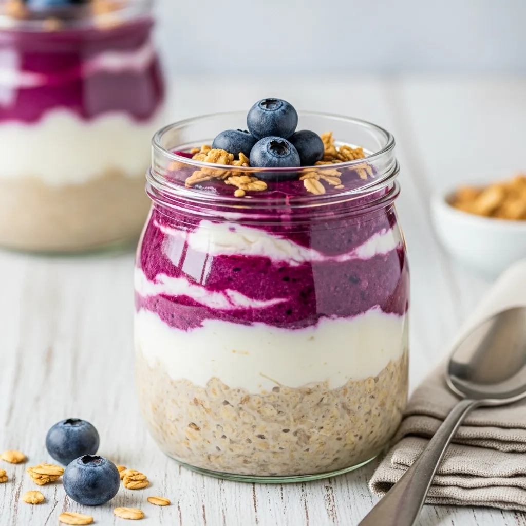High protein blueberry cheesecake oats in a glass jar with granola.