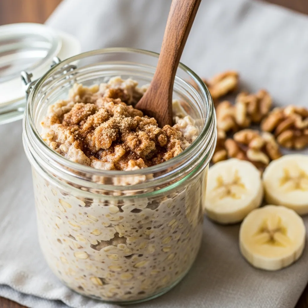Creamy brown sugar overnight oats in a jar with banana and walnuts.