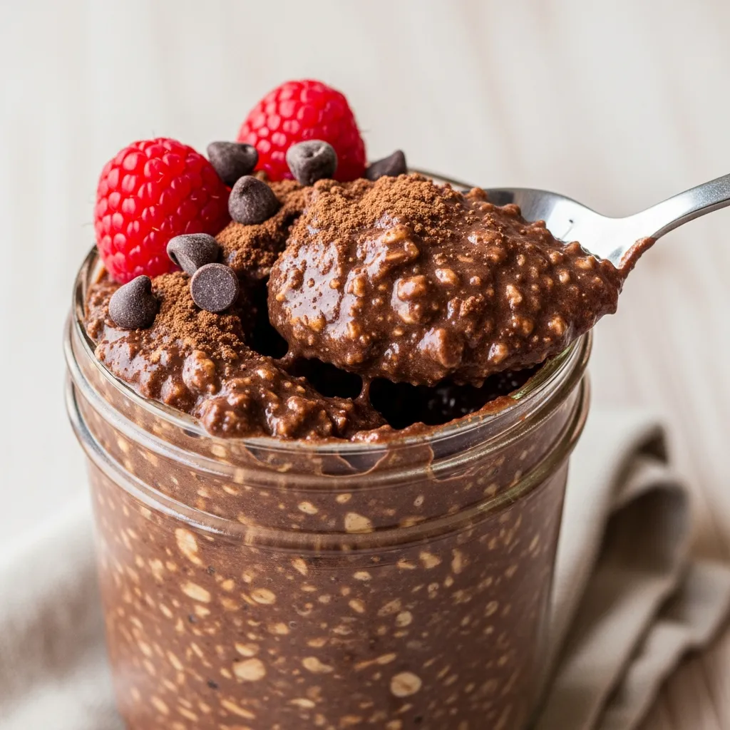 Creamy brownie batter overnight oats with raspberries and chocolate chips