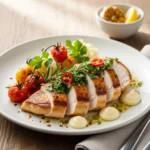 Juicy baked chicken breast recipe with herbs and lemon garnish