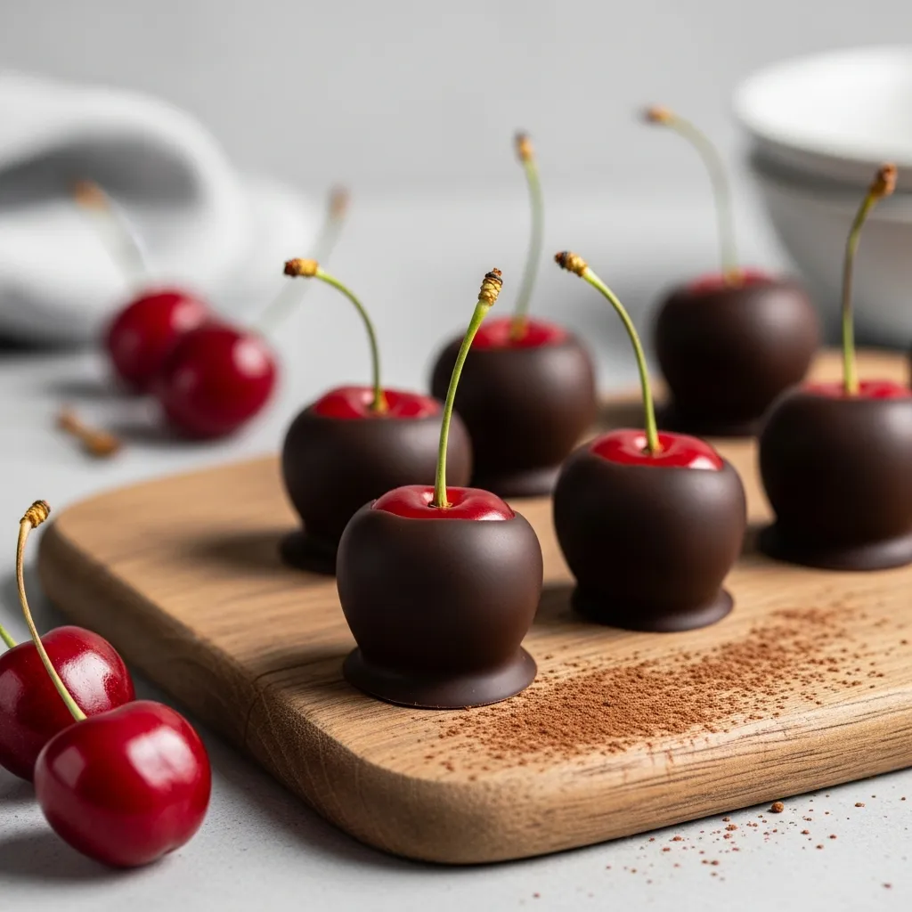 Glossy chocolate dipped cherries on a rustic wooden board with cocoa powder.