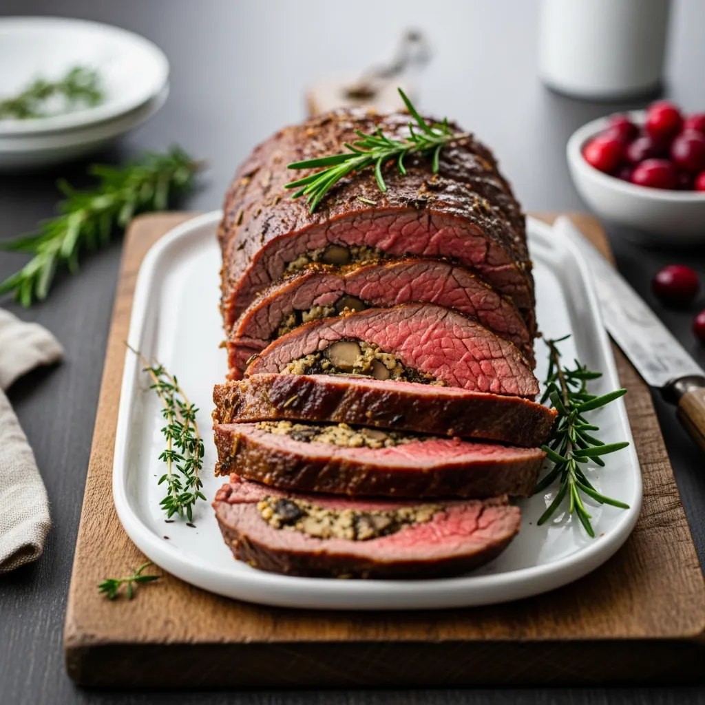 Quick Christmas stuffed beef tenderloin with savory herb mushroom stuffing.