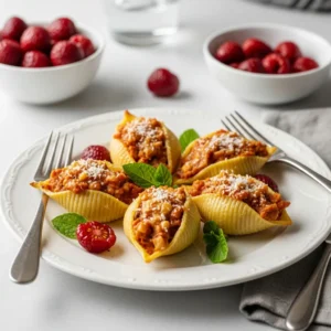 Best Christmas stuffed shells recipe with cheese and festive red sauce.
