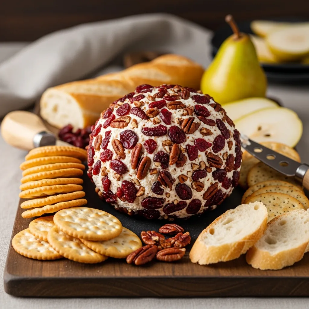 Festive cranberry pecan goat cheese ball on rustic wooden board.