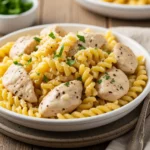 Creamy garlic parmesan chicken with cheesy twisted pasta recipe close up