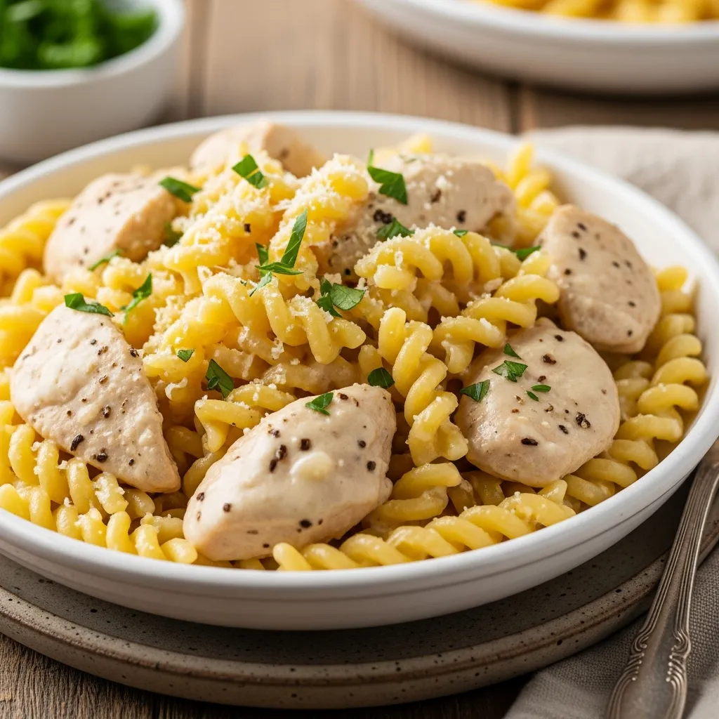 Creamy garlic parmesan chicken with cheesy twisted pasta recipe close up