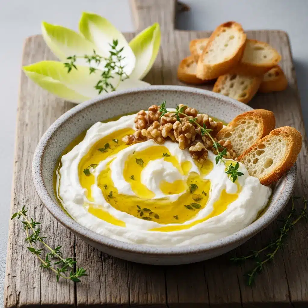 Creamy ricotta dip with hot honey served with crostini and walnuts.