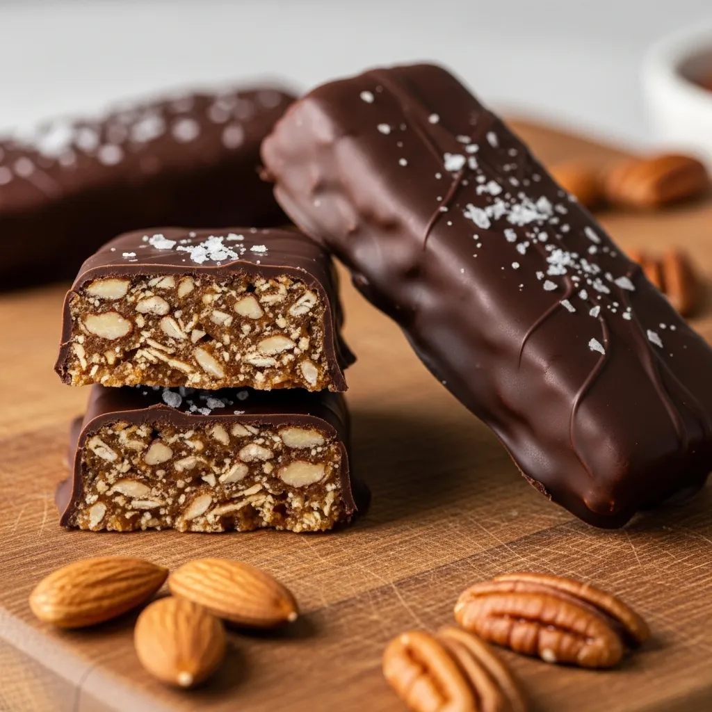 Homemade dark chocolate sea salt nut bars with oats and nuts.
