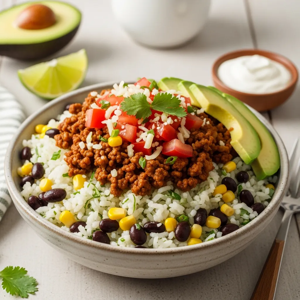 Easy taco rice bowl with seasoned beef, fresh veggies, and creamy avocado.