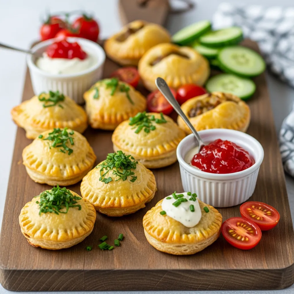 Golden brown savory pastries with fresh herbs and red pepper jelly dip.
