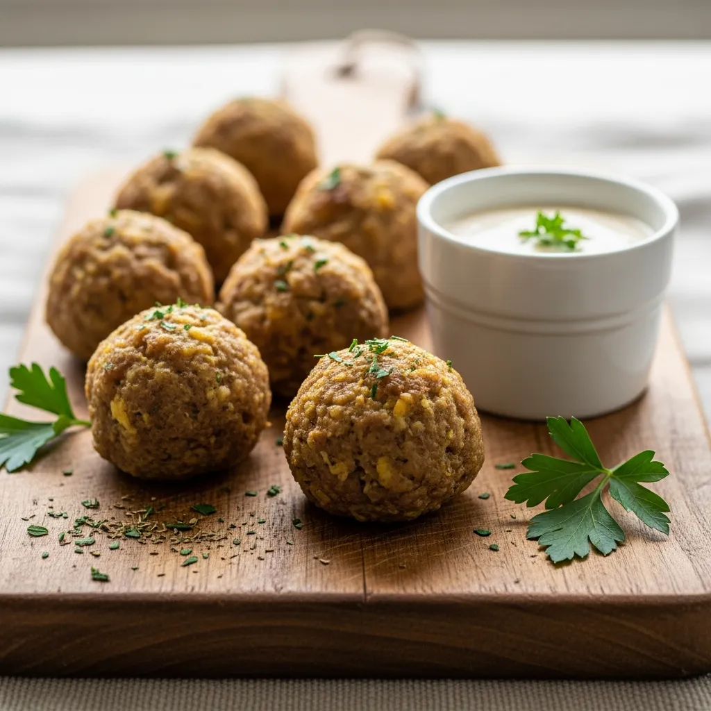 Golden brown stuffing sausage balls with creamy dipping sauce on wood.