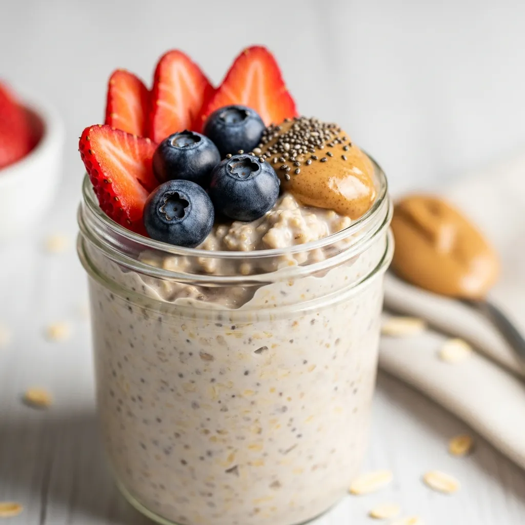 Healthy overnight oats with fresh berries and almond butter in a jar