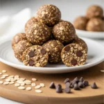 Healthy protein balls with oats and chocolate chips on a rustic wooden board.