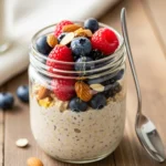 High-protein overnight oats with fresh berries and honey in a jar.