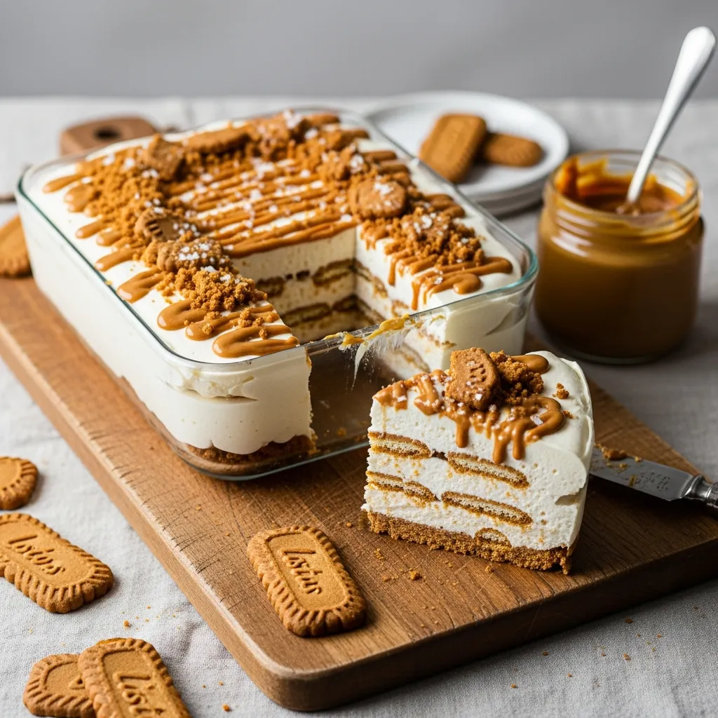 No-bake cookie butter icebox cake slice with Biscoff cookies and sea salt.