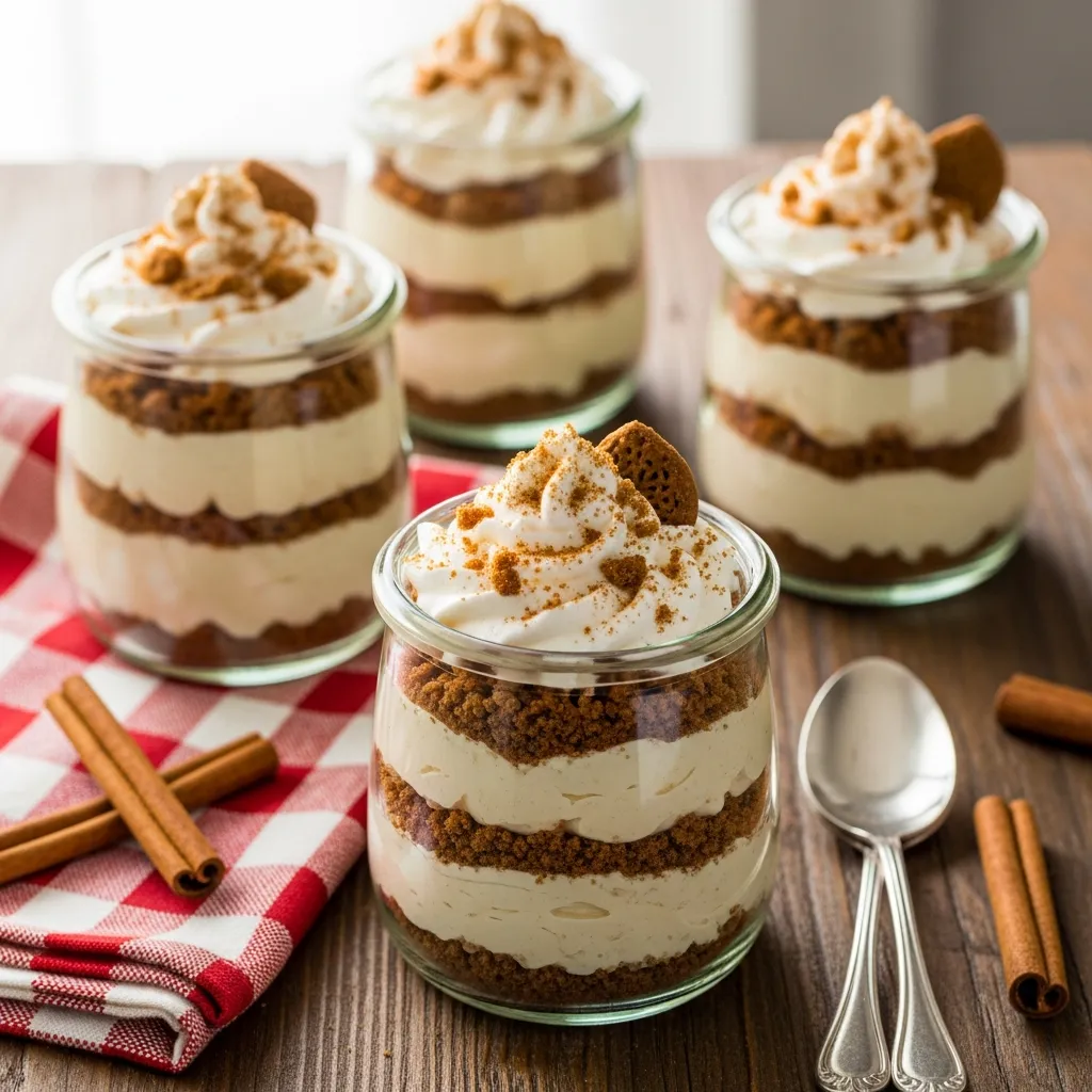 No bake gingerbread cheesecake cups in festive holiday dessert jars