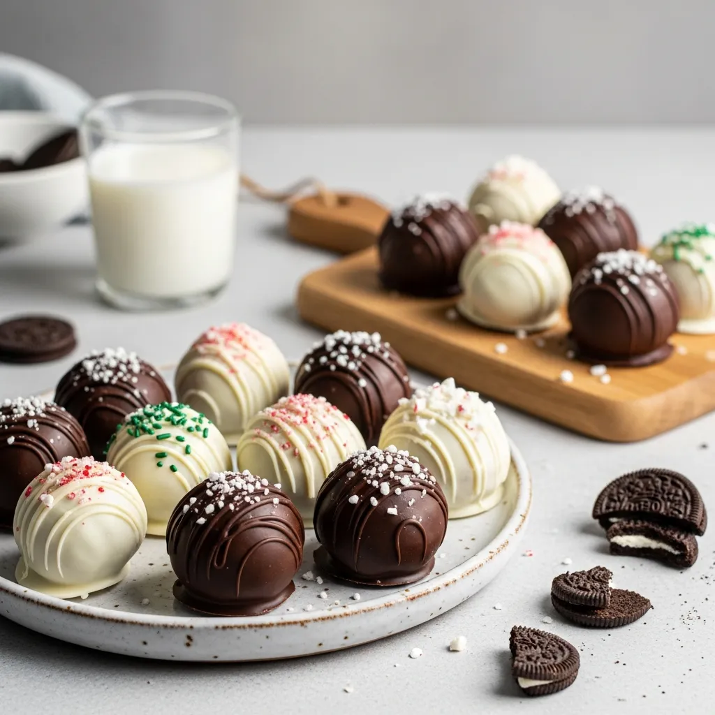 Homemade Oreo Balls with dark and white chocolate holiday decorations.