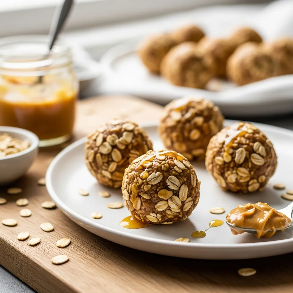 Homemade peanut butter oatmeal balls with honey on a rustic wooden board.