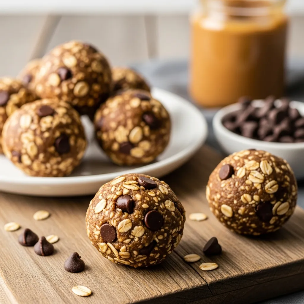 Protein-packed no-bake cookie dough balls with oats and chocolate chips.