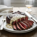 Juicy rib eye steak with creamy peppercorn sauce on white plate.