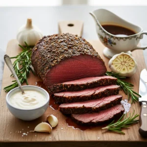 Rosemary and garlic roast beef with horseradish sauce and pan juices.