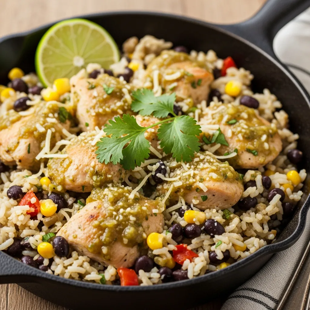 Salsa verde chicken and rice skillet with black beans and corn