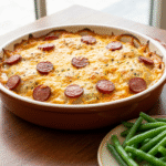 Golden brown pierogi casserole with kielbasa and melted cheddar cheese