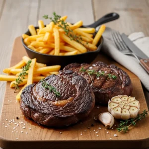 Perfectly seared ribeye steak with golden crispy frites recipe for dinner