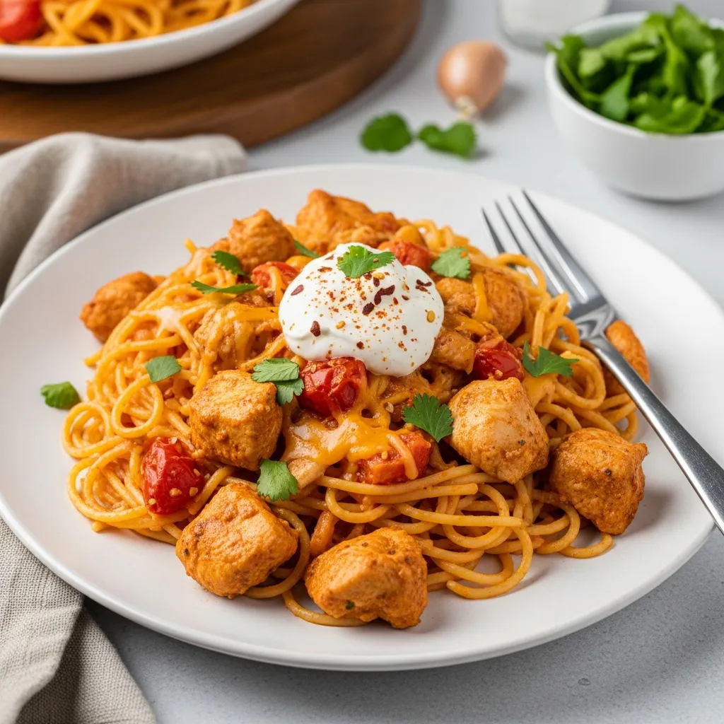 Spicy Southern chicken spaghetti casserole with melted cheese and peppers.
