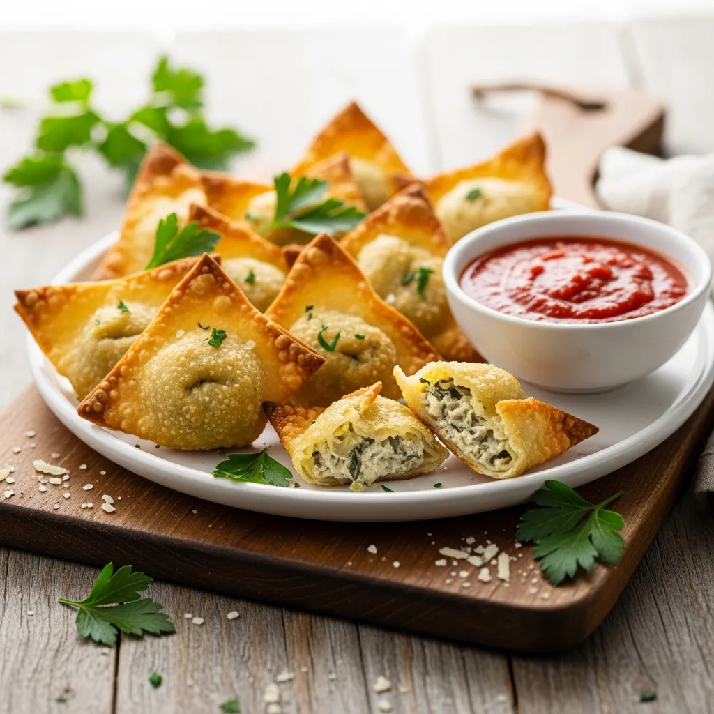 Crispy spinach and artichoke wontons with marinara dipping sauce.