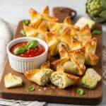 Golden crispy spinach and artichoke wontons with marinara dipping sauce.